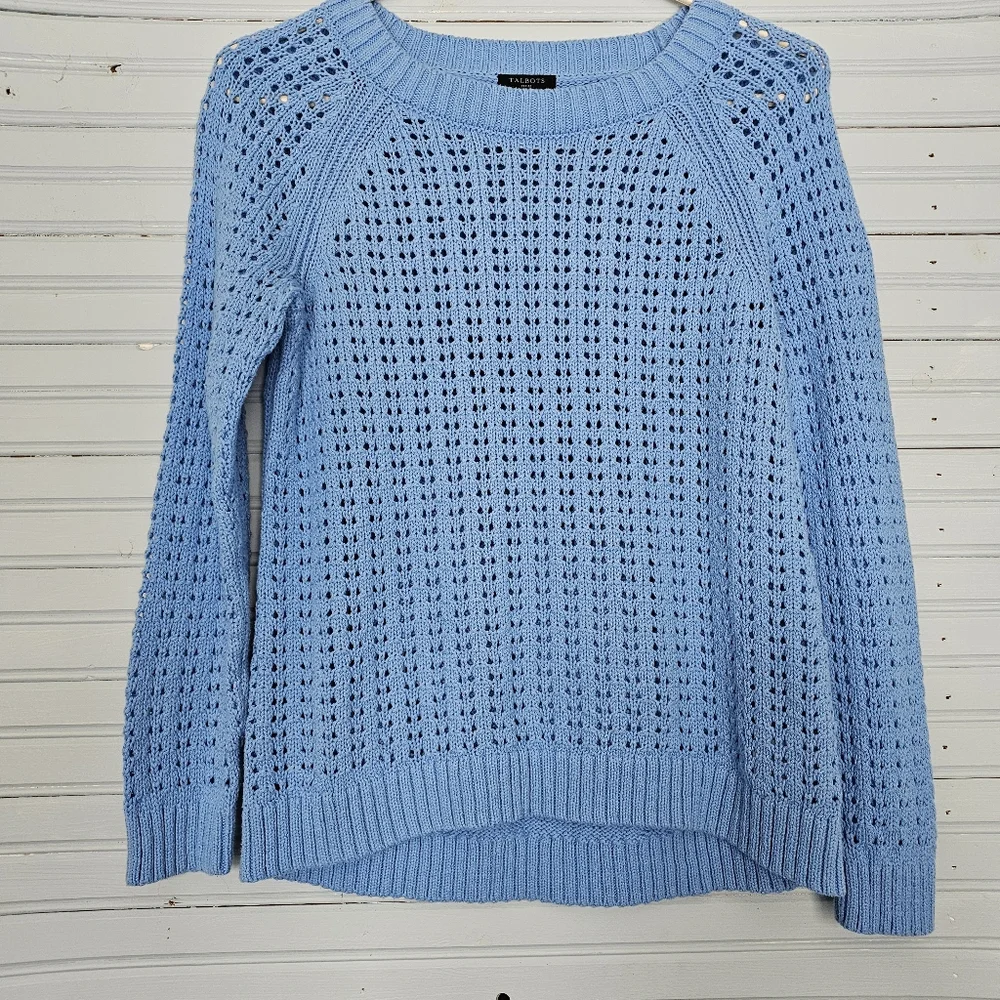 Talbots Sweater Sky‎ Blue Open-Stitch Crewneck Pullover Womens Size SP